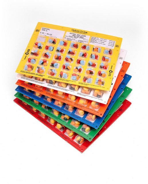 Stacked multi-dose blister cards in color-coded frames, one card per resident per cycle.
