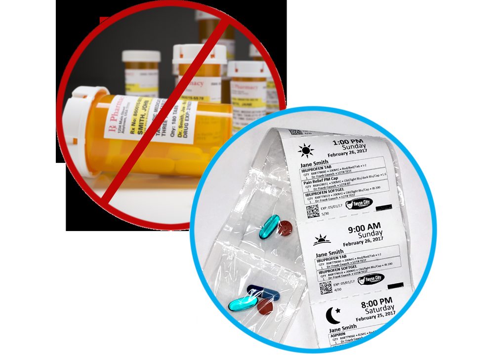 Comparison image: a group of amber prescription vials crossed out beside a single sealed medication pouch containing the same doses.